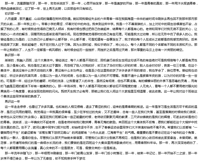 2019年中考滿分作文: 那一年 2019年中考滿分作文: 那一年