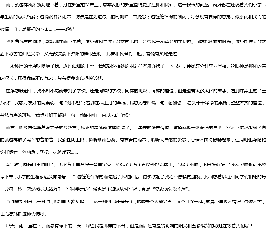 2020年中考滿分作文參考范文：那天，雨一直下